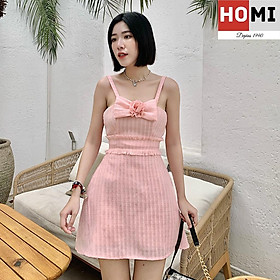 Đầm 2 dây cúp ngực màu hồng cổ vuông HOMI Fashion