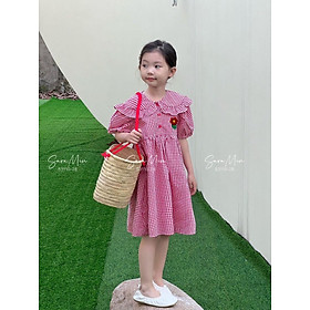 Đầm váy babydoll tay phồng caro cho bé gái diện đi chơi đi học đẹp size 12-35kg chất thô cotton mềm mát