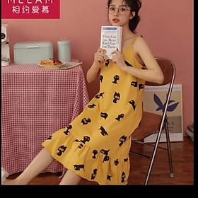 Váy ngủ nữ 2 dây mảnh mềm mại in hình mèo đen cá tính
