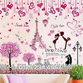 Decal dán tường Combo 3 tranh hàng rào Pink love + dây trái tim + cặp đôi và tháp paris