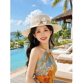 Mũ Cói Nữ Vành Rộng 6cm Phối Nơ Vải Bố Riviera, Nón Đi Biển Che Nắng Du Lịch Thời Trang Hàn Quốc dona050626
