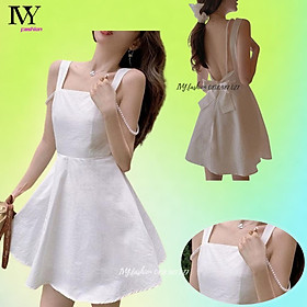 Đầm trắng hở lưng cotton kèm mút ngực cột nơ dây chuỗi 2 dây xoè ivy.fashion đi biển dự tiệc dạo phố bigsize gợi cảm