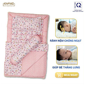 Bộ Nệm Trẻ Em Chần Bông Cho Bé Đi Học Khang Home Baby Safety BBS23 80x125cm - 100% Cotton Thiên Nhiên - Giúp Bé Ngủ Thẳng Lưng Không Cong Vẹo Cột Sống