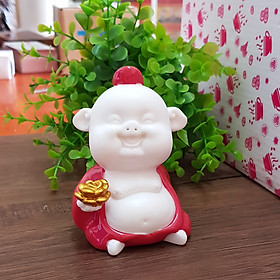 Tượng chibi chú Heo áo đỏ may mắn - chú heo cầm sen vàng