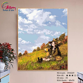 Mua Tranh tô màu số hóa treo tường trang trí cô bé thư giãn trên đồng cỏ CN4269