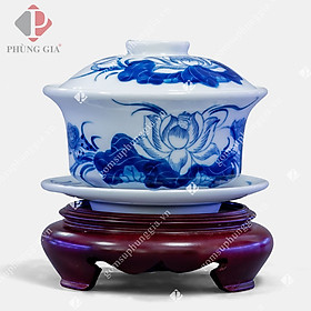 Mua Bát cúng nước họa tiết hoa sen men Lam Trắng Trơn