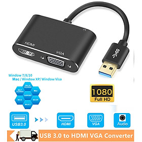3 in 1 USB 3.0 to HDMI-compatible VGA Converter Dual Output USB to VGA HDMI HD 1080P for Mac OS Windows 7/8/10