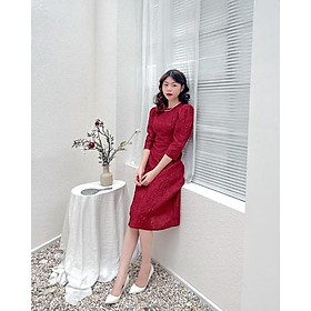 Váy nữ họa tiết nổi cổ tròn tay lửng bồng vai phối thắt nơ eo hàng thiết kế vvnt122212 by germe