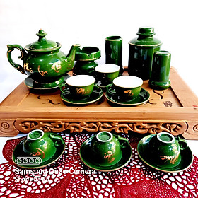 Mua Bộ ấm chén Bát Tràng phú quý men xanh lục ngọc bảo họa tiết Phúc - Lộc - Thọ vẽ vàng 24k 