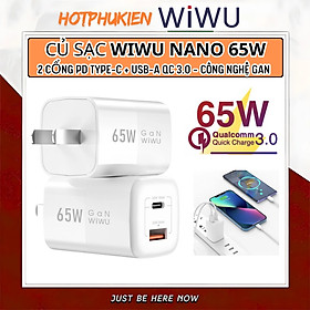 Adapter cóc củ sạc nhanh 65W PD Type-C + USB-A QC 3.0 hiệu WIWU Nano Gan - hỗ trợ sạc cùng lúc 2 thiết bị, đạt chuẩn MFI, Chip sạc AI thông minh - Hàng nhập khẩu