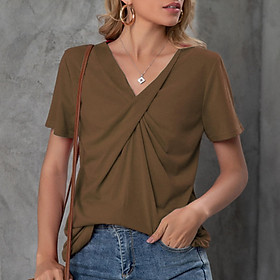 Women T-Shirt Knot Solid Color V-Neck Short Sleeve Tee Tops Casual Summer