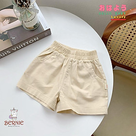 Quần sooc đùi linen kaki mềm bé trai, bé gái unisex có túi màu đen, cam