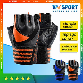 Găng Tay tập Gym Có dây Quấn Trợ Lực Cổ Tay VNS002 (WEIGHT LIFTING GLOVES), Găng Tay Tập Gym Cao Cấp Có Phủ Da Trên Mu bàn Tay, Chống Chai Sần Lòng Bàn Tay, Bảo Vệ Khớp Cổ Tay - M