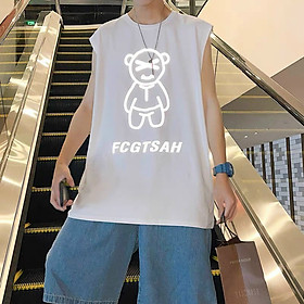 Áo thun nam ba lỗ phản quang thể thao cổ tròn , áo TankTop nam nữ form rộng sát nách tập gym co giãn mùa hè thu đẹp, áo thun phát sáng 3 lỗ in hình chú gấu in chữ FCRTSAT cá tính phong cách hàn quốc
