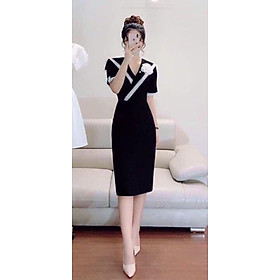Đầm ôm body cổ v đinh kèm hoa cài áo xinh xắn