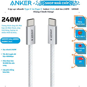 Cáp sạc nhanh Type C to Type C Anker Zolo 240W - A8060 (Hàng Chính Hãng) - 1.8m - Trắng