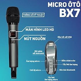 Micro karaoke dành cho ô tô BX7 - Micro không dây đa năng cao cấp - Lọc Âm, Chống Hú, Chống Ồn Và Méo Tiếng Giúp Âm Thanh Phát Ra Trong Trẻo, Mượt Mà - Biến loa vi tính thành loa karaoke - Dùng được cho cả loa kéo, amply, mixer, tivi - Hàng nhập khẩu