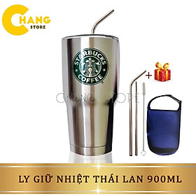 Ly Giữ Nhiệt Thái Lan 900ml Chống Trào, Bình Giữ Nhiệt Chống Va Đập + Túi Đựng Và Bộ Ống Hút ( Màu Bạc Ngẫu Nhiên )