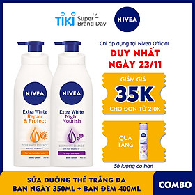 Bộ đôi chăm sóc phục hồi da Sữa Dưỡng Thể Dưỡng Trắng NIVEA Ban Ngày Giúp Phục Hồi & Chống Nắng SPF30 (350ml) - 88311 & Sữa Dưỡng Thể Dưỡng Trắng NIVEA Giúp Phục Hồi & Săn Da Ban Đêm (400ml) – 88126