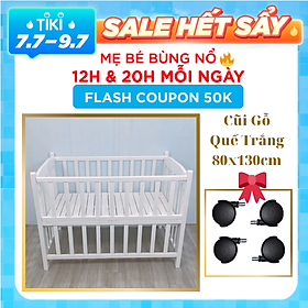 Giường Cũi – Nôi Cũi Cho Bé Từ Sơ Sinh Đến 4-5 Tuổi – Chất Liệu Gỗ Quế Màu Trắng – Kích Thước 80x130x86 (RxDxC)