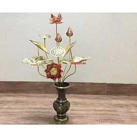 Mua Combo 1 lọ hoa giả cổ bằng đồng cao 30cm + 1 bó sen đồng vàng pha đỏ 10 cành cỡ to