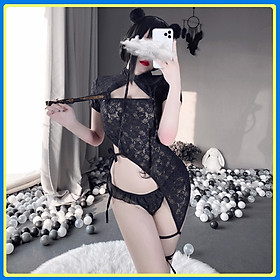 Váy ngủ sườn xám tà lệch dây cột chéo sexy cao cấp Q452 - Đầm ngủ cosplay sườn xám quyến rũ - Đồ ngủ mạc nhà