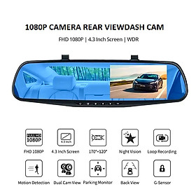 Camera Hành Trình Gương 4.3 Inch 1080P Full HD Tích Hợp Cam Lùi Thẻ Nhớ TF 32GB