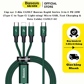 Cáp sạc 3 đầu CAMLT Baseus Rapid Series 3-in-1 PD 20W (Type C to Type C/ Light-ning/ Micro USB, Fast Charging & Data Cable) CAMLT-SC01- Hàng chính hãng