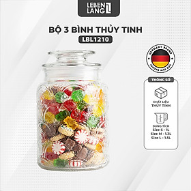 Bộ 3 Hũ Thủy Tinh Đựng Thực Phẩm Lebenlang LBL1210, Nắp Kín, Hoa Văn, Dung Tích 1L, 1.3L, 1.5L - hàng chính hãng