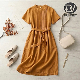 Đầm nữ xếp ly phối dây đai eo thanh lịch vải đũi mềm mát thoáng khí Da191