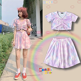 Set Áo Croptop Rút Dây Hoạ Tiết 3D Kèm Chân Váy Có Quần Trong Cực Xinh - MM - L