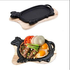 Chảo Bò Gang Nặng 1Kg Chống Dính Làm Bò Né Kèm Đế Gỗ