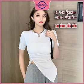 Áo thun croptop sẻ tà tay ngắn cổ tròn nữ, áo crt kiểu Hàn Quốc ôm body màu đen trắng đẹp mặc đi học dưới 50 cân