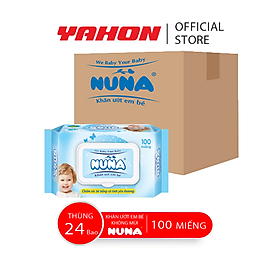 Thùng khăn ướt em bé nuna không mùi, 100 miếng/bao, 24 bao/thùng