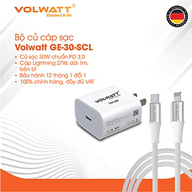 Bộ củ cáp sạc siêu nhanh Volwatt GE-30-SCL 30W GaN hàng chính hãng | Adapter PD Type-C + Cáp Type-C to L 1m, BH 12 tháng