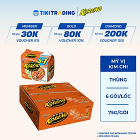 Thùng 6 Lốc Mì Ăn Liền Koreno Vị Kim Chi (Lốc 6 Gói x 75G)