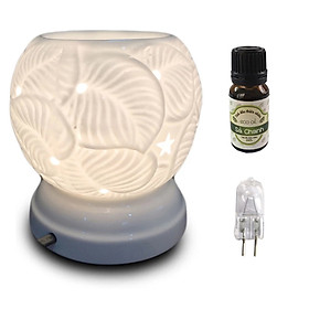 Combo đèn xông tinh dầu gốm trắng hoa nổi và 1 chai tinh dầu 10ml Song An Eco + 1 bóng đèn
