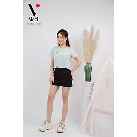 Áo phông ngắn tay, áo thun nữ cộc tay Vicci AP.01.6 chất liệu cotton vân gỗ in hoạ kẻ