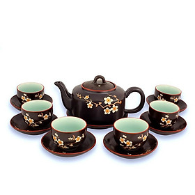 Mua Bộ ấm chén dáng vuông men nâu vẽ đào S5