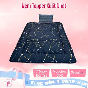 Topper Nệm Ngủ Trải Sàn, Đệm Bông Gòn Xuất Nhật Size 1m x 2m, 1m4 x 2m, 1m6 x 2m - Xanh Ngôi Sao 9cm - 1M2 X 2M