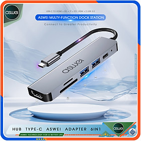 Hub Type C To HDMI ASWEI 6 in 1 Chuẩn HDTV - Hub Chuyển Đổi USB Type-C 6 Cổng - HDMI 4K, USB 3.0, Sạc Nhanh Type C PD, Khe Đọc Thẻ SD/TF - Kết Nối Tốc Độ Cao - Dành Cho MacBook, Tivi, Laptop, PC, Máy Tính Bảng, Smartphone – Hàng Chính Hãng