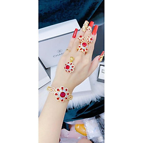 Sét trang sức hoa hột đỏ mạ vàng bền màu RCLN