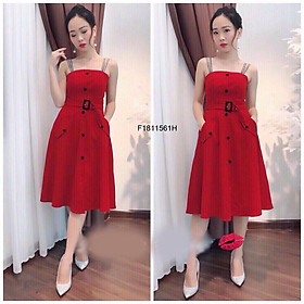 Đầm dáng suông 2 dây đính nút
