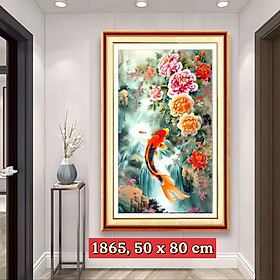 Mua Tranh thêu kín Hoa mẫu đơn và cá 1865  kích thước 50 x 80 cm