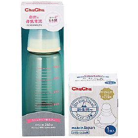 Combo bình sữa cổ thường ppsu 240ml và 1 núm ty silicon siêu mềm Chuchu Baby (box type, chống đầy hơi)