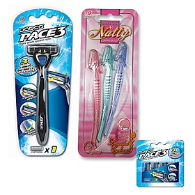Combo Dao Cạo 3 Lưỡi Dorco Pace 3 + Vỉ Dao Cạo Chân Mày Cho Nữ Dorco Natty Eyebrow TRA 1002 - LI 0003 3B (3 Dao / Vỉ) - Tặng Vỉ Đầu Dao Cạo 3 Lưỡi Dorco Pace 3 (3 Đầu Dao / Vỉ)