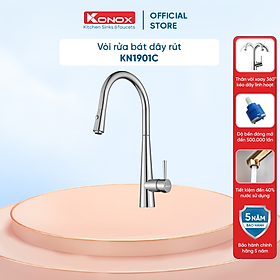 Vòi rửa bát dây rút KONOX KN1901C hợp kim đồng 61% tiêu chuẩn Châu Âu CW617N, bề mặt xử lý công nghệ PVD Chrome 5 lớp