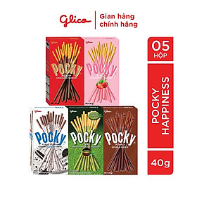 Bánh que phủ kem nhiều vị GLICO Pocky 5 hộp - 1 Socola 1 Dâu 1 Cookie 1