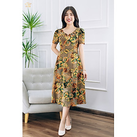 Đầm xòe thiết kế trung niên cao cấp Cổ tròn tay ngắn màu Nâu họa tiết TTV STORE TTV1421