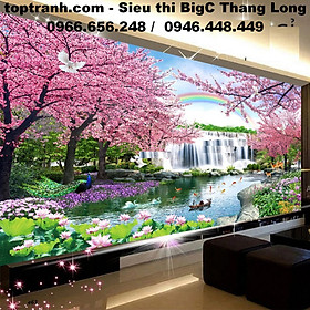 Mua Tranh thêu chữ thập cảnh hữu tình 2 bên rừng hoa anh đào E63 chưa thêu